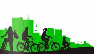 edificios, perosnas manejando bicicleta 